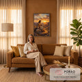 Quadro Decorativo Grande Jesus com Cordeiro para Sala | quadros decorativos para sala de estar | Jesus sentado em rocha com cordeiro branco diante de pôr do sol nas montanhas | em ambiente 3 | Porao dos Quadros