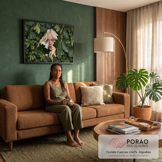 Mulher loira de sardas espiando entre folhagem verde com borboleta branca no rosto, quadro decorativo