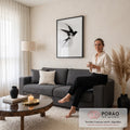 Quadro Decorativo Andorinha em Voo Efeito Spray Preto | quadros decorativos para sala de estar | silhueta preta de andorinha em voo com efeito de partículas sobre fundo branco | em Quadros para Quarto | Porao dos Quadros