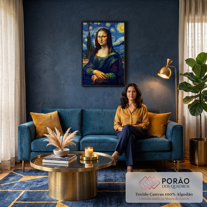 Mona Lisa pintada no estilo Van Gogh com céu estrelado azul, lua amarela e cipreste, quadro decorativo