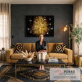 Quadro Decorativo Grande Árvore Dourada Pombas para Sala | quadros decorativos para sala de estar | árvore dourada sem folhas com pombas brancas voando em fundo preto | em ambiente 3 | Porao dos Quadros