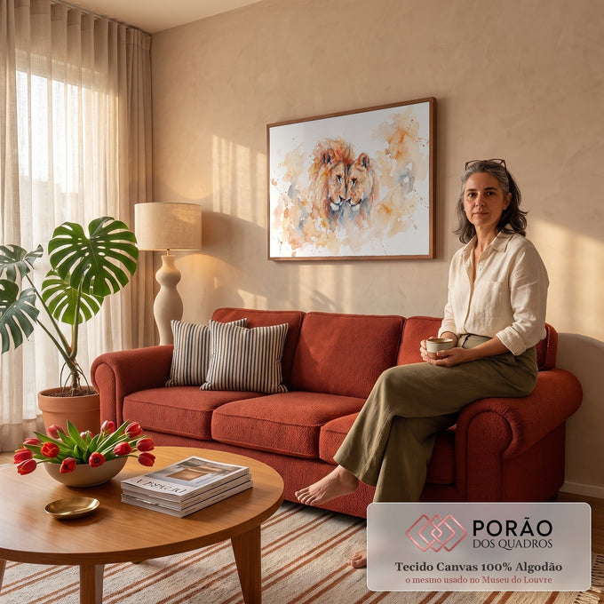 Quadro Decorativo Grande Casal de Leões Laranja para Sala | quadros decorativos para sala de estar | leão e leoa encostando as cabeças em aquarela com tons terrosos e respingos | em ambiente 3 | Porao dos Quadros
