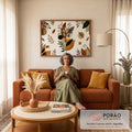 Quadro Decorativo Grande Folhagem Geométrica para Sala | quadros decorativos para sala de estar | folhas e ramos estilizados sobre formas geométricas em terracota e verde-oliva | em ambiente 3 | Porao dos Quadros