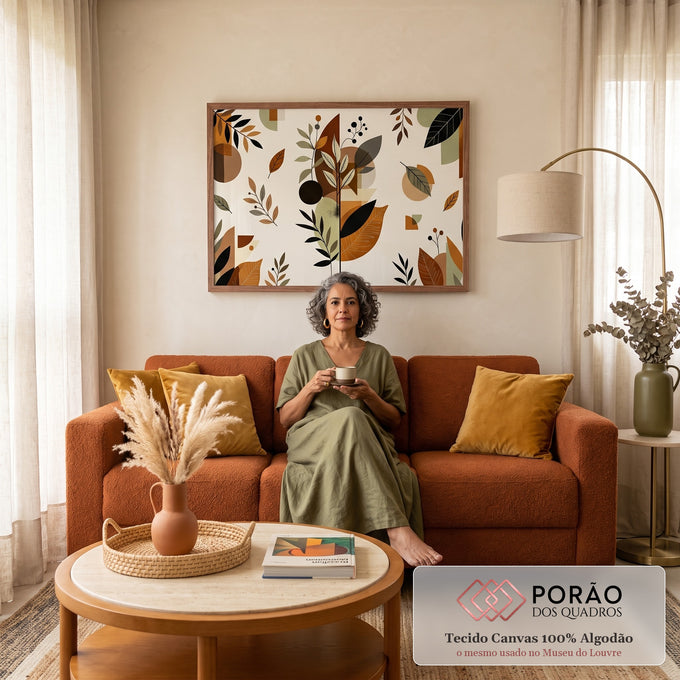 Quadro Decorativo Grande Folhagem Geométrica para Sala | quadros decorativos para sala de estar | folhas e ramos estilizados sobre formas geométricas em terracota e verde-oliva | em ambiente 3 | Porao dos Quadros