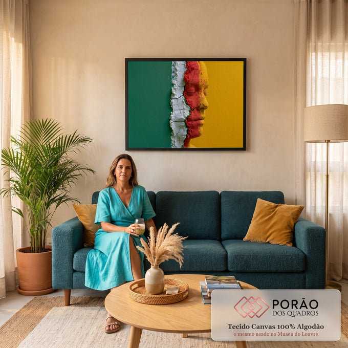 Rosto de mulher de olhos fechados em pó branco, vermelho e amarelo rachado sobre verde, quadro decorativo