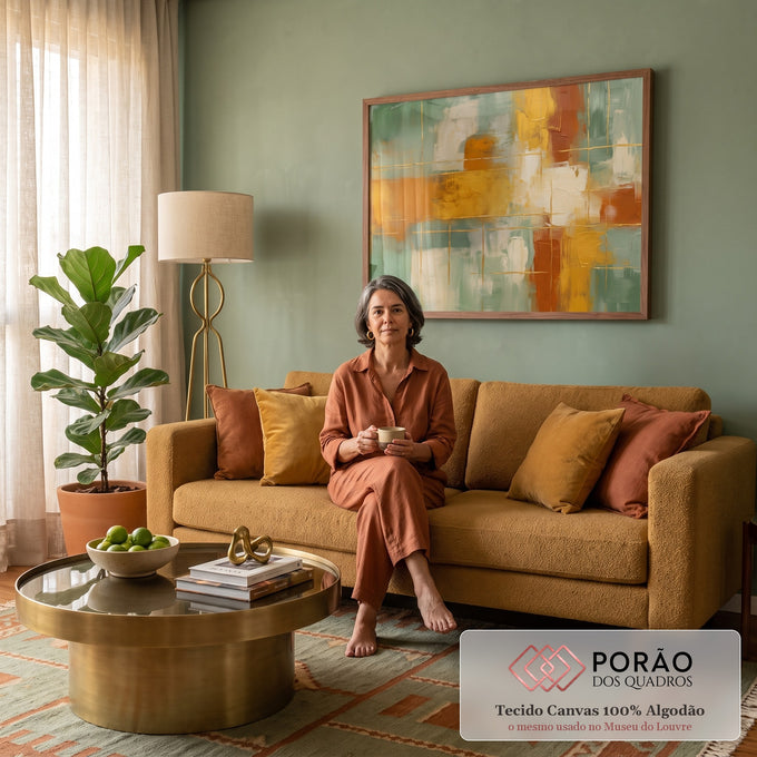 Pintura abstrata em verde sálvia, mostarda e terracota com grade de linhas douradas, quadro decorativo