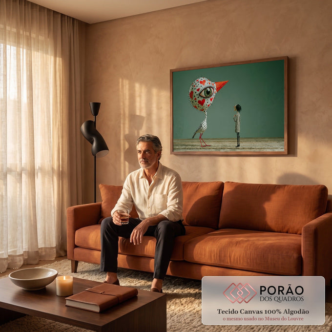 Pássaro surreal com corações vermelhos e olho gigante diante de figura xadrez, fundo verde, quadro decorativo