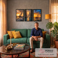 Quadro Decorativo Kit 3 Telas Veleiros para Sala Laranja | quadros decorativos para sala de estar | três veleiros navegando ao pôr do sol entre ondas e penhascos rochosos | em ambiente 3 | Porao dos Quadros
