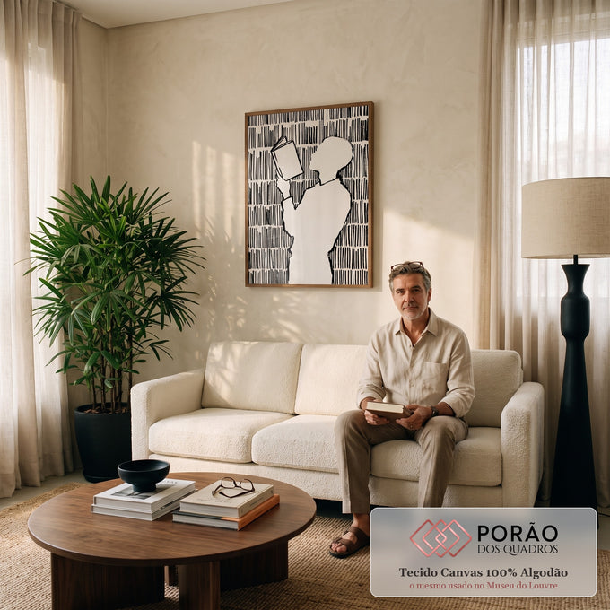 Quadro Decorativo Grande Silhueta Lendo para Sala Preto | quadros decorativos para sala de estar | silhueta bege lendo livro cercada por linhas verticais pretas em estilo gráfico | em ambiente 3 | Porao dos Quadros