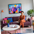 Quadro Decorativo Grande Cidade Geométrica para Sala Rosa | quadros decorativos para sala de estar | cidade de blocos geométricos coloridos com padrões gráficos e montanhas ao fundo | em ambiente 3 | Porao dos Quadros