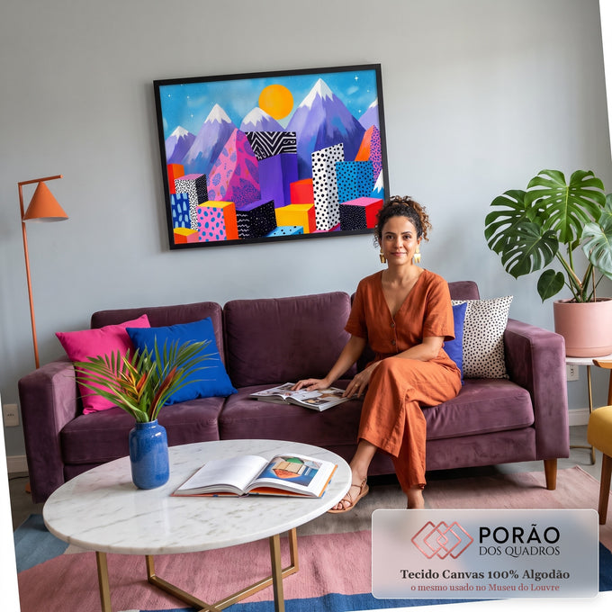 Quadro Decorativo Grande Cidade Geométrica para Sala Rosa | quadros decorativos para sala de estar | cidade de blocos geométricos coloridos com padrões gráficos e montanhas ao fundo | em ambiente 3 | Porao dos Quadros