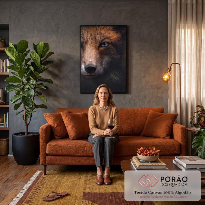 Raposa vermelha em close com olhos azuis, pelagem laranja e fundo escuro, quadro decorativo