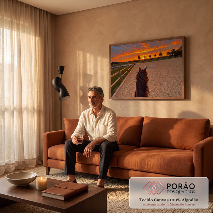 Quadro Decorativo Grande Cavalo Observando para Sala Laranja | quadros decorativos para sala de estar | cavalo visto de costas observando pôr do sol laranja intenso em picadeiro | em ambiente 3 | Porao dos Quadros