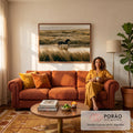 Quadro Decorativo Grande Cavalo Negro para Sala Marrom | quadros decorativos para sala de estar | cavalo negro galopando em água rasa com dunas douradas ao fundo | em ambiente 3 | Porao dos Quadros