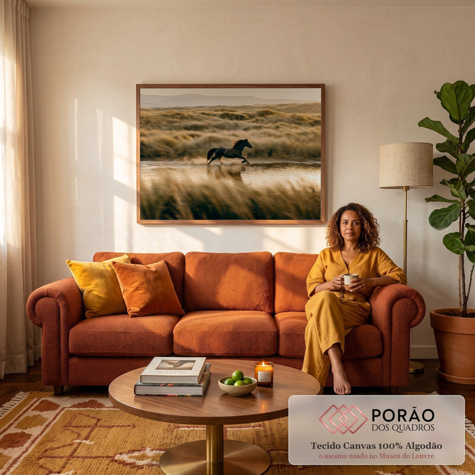 Quadro Decorativo Grande Cavalo Negro para Sala Marrom | quadros decorativos para sala de estar | cavalo negro galopando em água rasa com dunas douradas ao fundo | em ambiente 3 | Porao dos Quadros