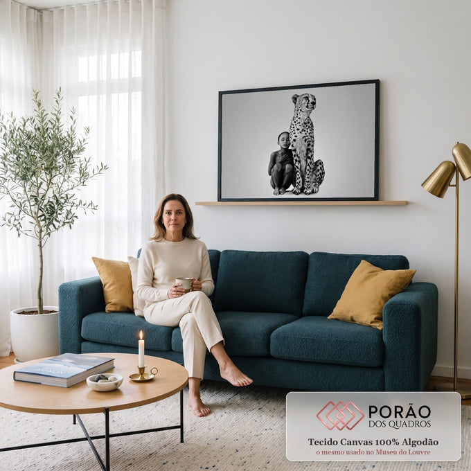 Quadro Decorativo Grande Criança Encostada para Sala Preto | quadros decorativos para sala de estar | criança encostada em guepardo sentado, fotografia em preto e branco | em ambiente 3 | Porao dos Quadros