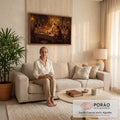 Quadro Decorativo Grande Última Ceia Luz Âmbar para Sala | quadros decorativos para sala de estar | Jesus e doze apóstolos reunidos à mesa em cena da Última Ceia iluminada por velas | em ambiente 3 | Porao dos Quadros