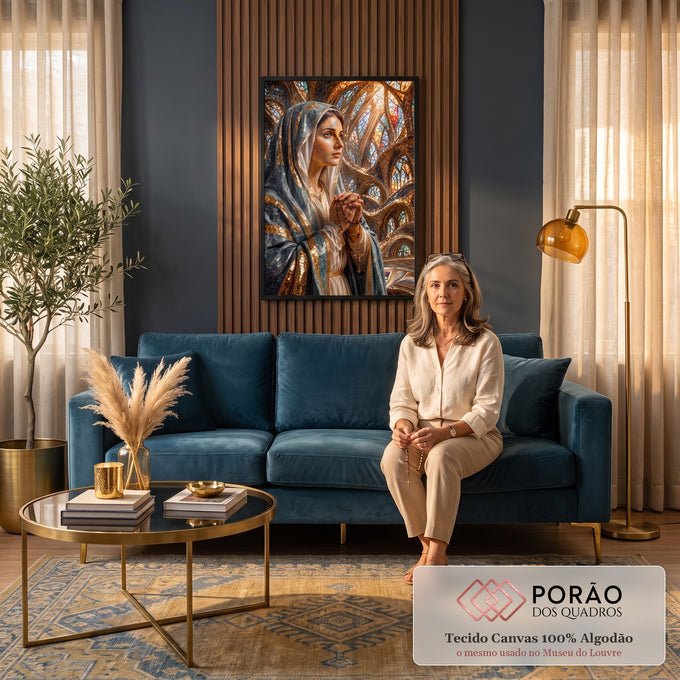 Quadro Decorativo Grande Nossa Senhora em Mosaico para Sala | quadros decorativos para sala de estar | mulher de véu azul rezando com terço em mosaico dourado e vitrais ao fundo | em ambiente 3 | Porao dos Quadros