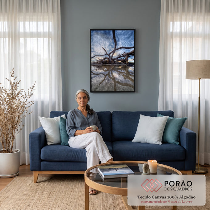 Árvore seca retorcida na praia refletida em poça d'água sob céu azul com nuvens, quadro decorativo