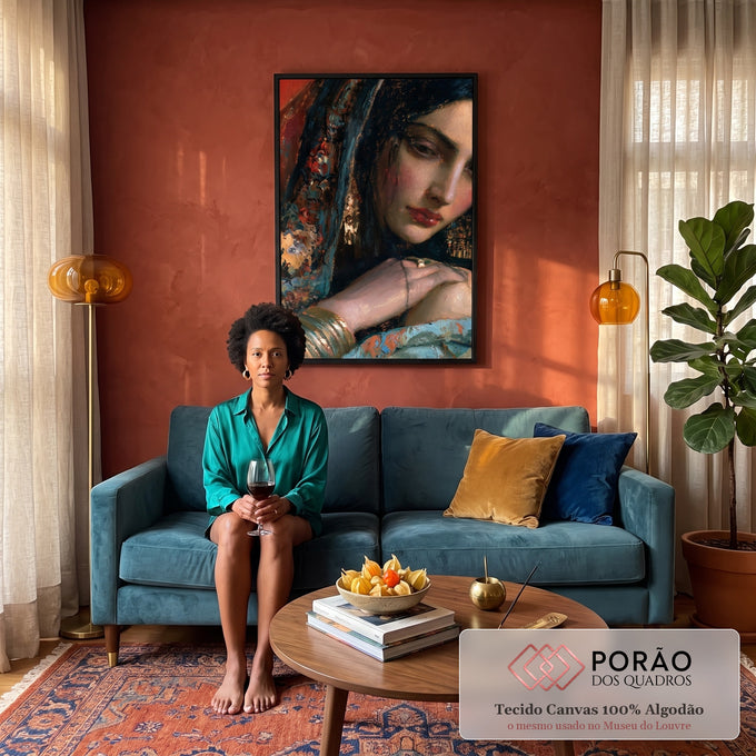Quadro Decorativo Retrato de Mulher com Véu Azul e Joias | quadros decorativos para sala de estar | retrato de mulher com véu azul bordado, joias douradas e olhar baixo, pintura texturizada | em Quadros para Escritorio | Porao dos Quadros