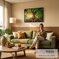 Quadro Decorativo Grande Árvore com Luz Dourada para Sala | quadros decorativos para sala de estar | árvore com raízes expostas e copa verde iluminada por luz dourada na floresta | em ambiente 3 | Porao dos Quadros