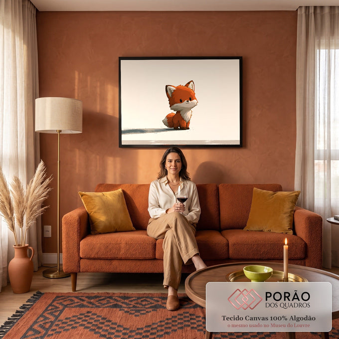 Quadro Decorativo Grande Raposinha Bege para Quarto de Bebê | quadros decorativos para sala de estar | raposinha laranja e branca em estilo cartoon fofo sobre fundo bege | em ambiente 3 | Porao dos Quadros