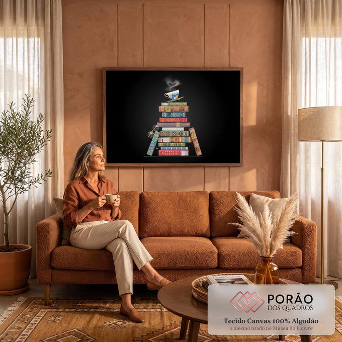 Pilha de livros antigos coloridos com xícara de chá e óculos sobre fundo preto, quadro decorativo