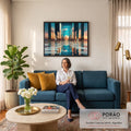 Quadro Decorativo Grande Portal Espelhado para Sala Azul | quadros decorativos para sala de estar | corredor de colunas espelhadas com planeta dourado sob céu estrelado | em ambiente 3 | Porao dos Quadros