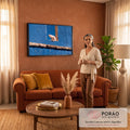 Quadro Decorativo Grande Gato Branco Azul para Sala | quadros decorativos para sala de estar | gato branco sentado numa janela de pedra em parede azul com céu ao fundo | em ambiente 3 | Porao dos Quadros