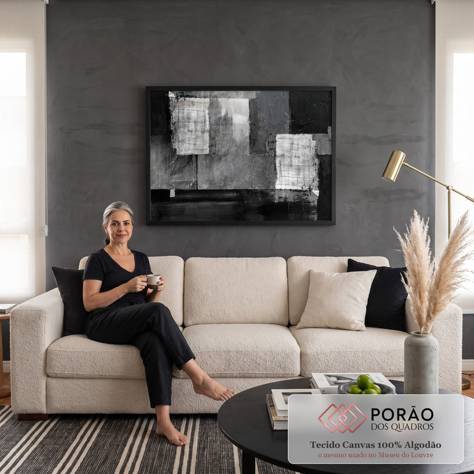 Pintura abstrata texturizada com blocos sobrepostos em preto, branco e cinza, quadro decorativo