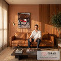 Ferrari F40 vermelha vista entre as patas de um cavalo marrom em pátio, quadro decorativo