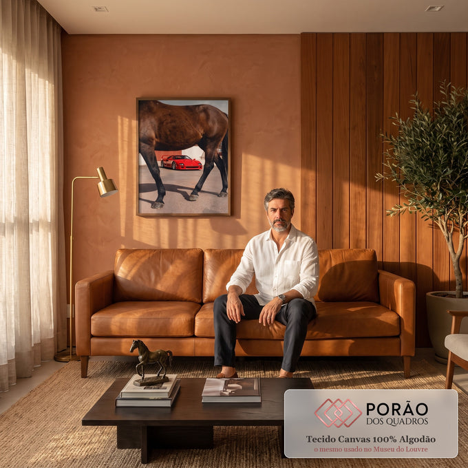 Ferrari F40 vermelha vista entre as patas de um cavalo marrom em pátio, quadro decorativo