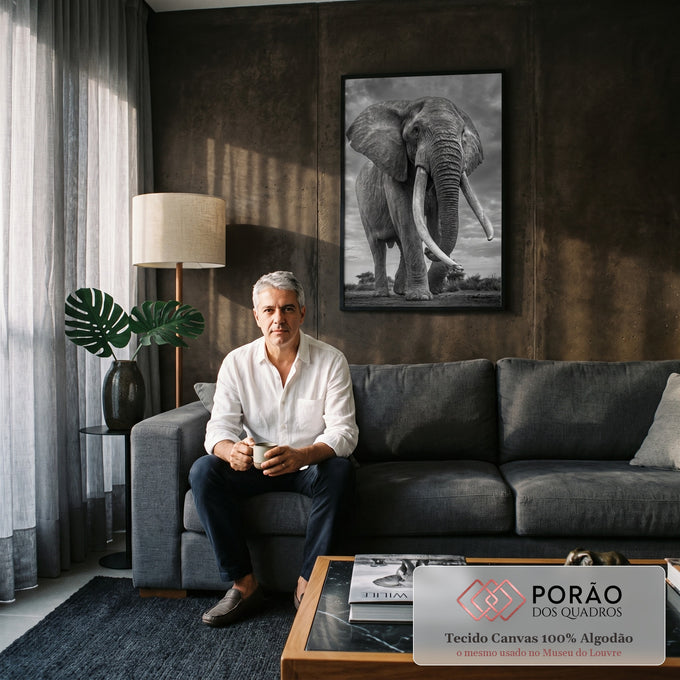 Elefante africano de presas longas caminhando sob céu nublado em preto e branco, quadro decorativo