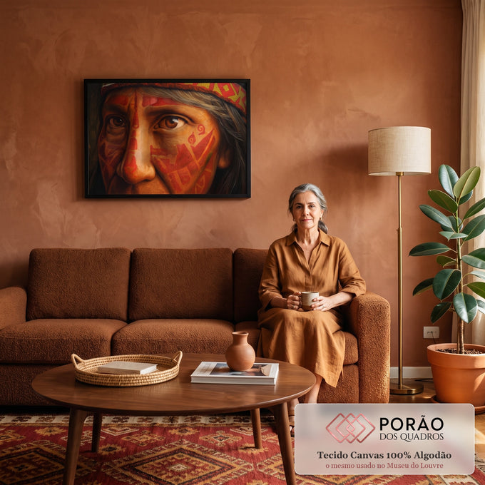 Rosto de ancião indígena com pintura facial tribal vermelha e faixa geométrica na cabeça, quadro decorativo