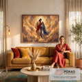 Quadro Decorativo Grande Jesus Luz Celestial para Sala | quadros decorativos para sala de estar | Jesus e Nossa Senhora abraçados entre nuvens douradas e luz intensa | em ambiente 3 | Porao dos Quadros