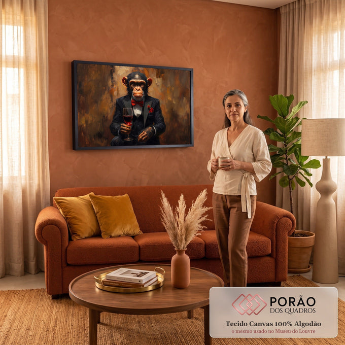 Pintura a óleo de chimpanzé de smoking e gravata vermelha segurando taça de vinho, quadro decorativo