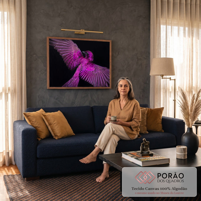 Quadro Decorativo Grande Pássaro de Asas para Sala Rosa | quadros decorativos para sala de estar | pássaro com asas abertas em tons de rosa e roxo sobre fundo preto | em ambiente 3 | Porao dos Quadros