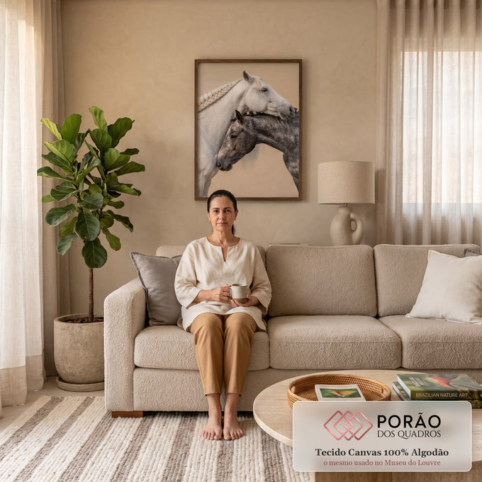 Cavalo branco de crina trançada apoiado sobre cavalo tordilho cinza em fundo bege, quadro decorativo