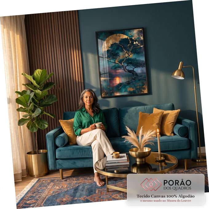 Quadro Decorativo Árvore com Galhos Dourados e Lua sobre | quadros decorativos para sala de estar | árvore com galhos dourados diante de lua imensa e lago refletindo pôr do sol | em ambiente 3 | Porao dos Quadros