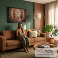 Coruja suindara de olhos fechados em mosaico de pastilhas marrom, dourado e azul, quadro decorativo