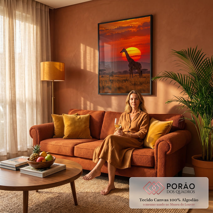 Girafa em pé na savana africana com acácias diante de sol gigante e céu vermelho, quadro decorativo