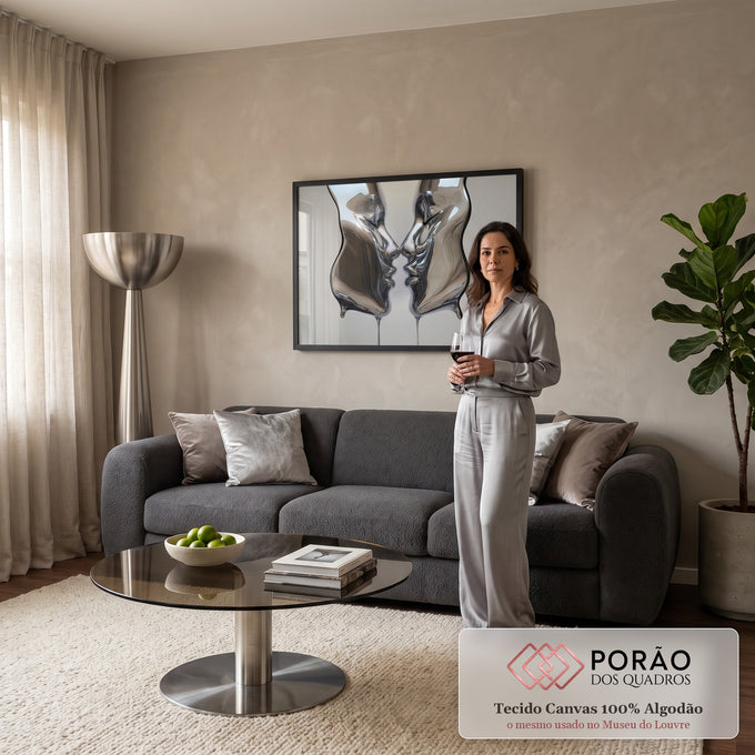 Quadro Decorativo Grande Figuras Cromadas para Sala Cinza | quadros decorativos para sala de estar | duas figuras cromadas líquidas se beijando com corpos escorrendo em filetes prateados | em ambiente 3 | Porao dos Quadros