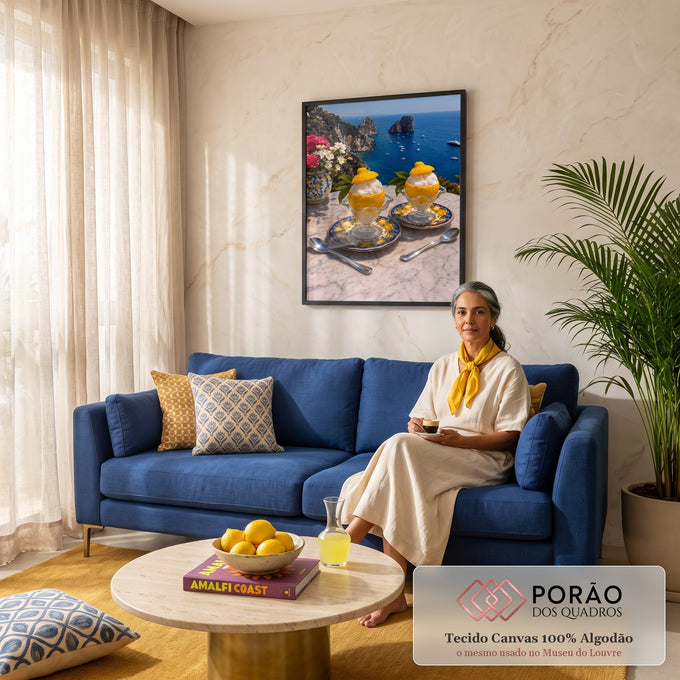 Sorvete de limão na casca sobre mesa de mármore com mar azul e rochedos de Capri ao fundo, quadro decorativo