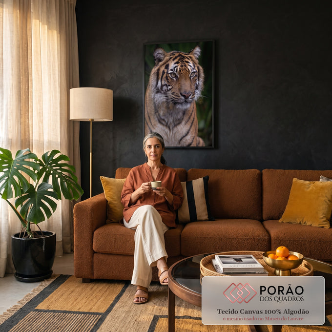 Tigre sentado com pelagem laranja, listras pretas e olhar lateral sobre fundo verde escuro, quadro decorativo