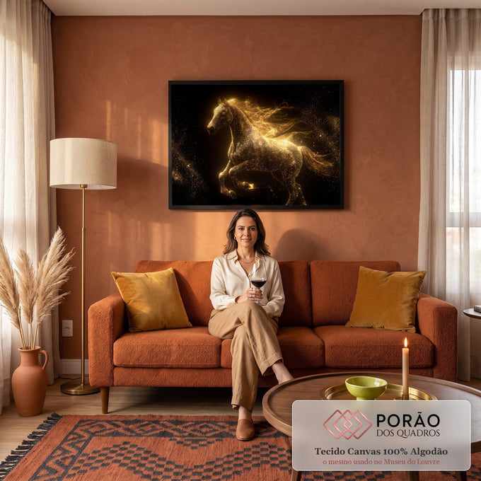 Cavalo formado por poeira estelar dourada galopando sobre fundo preto com estrelas, quadro decorativo
