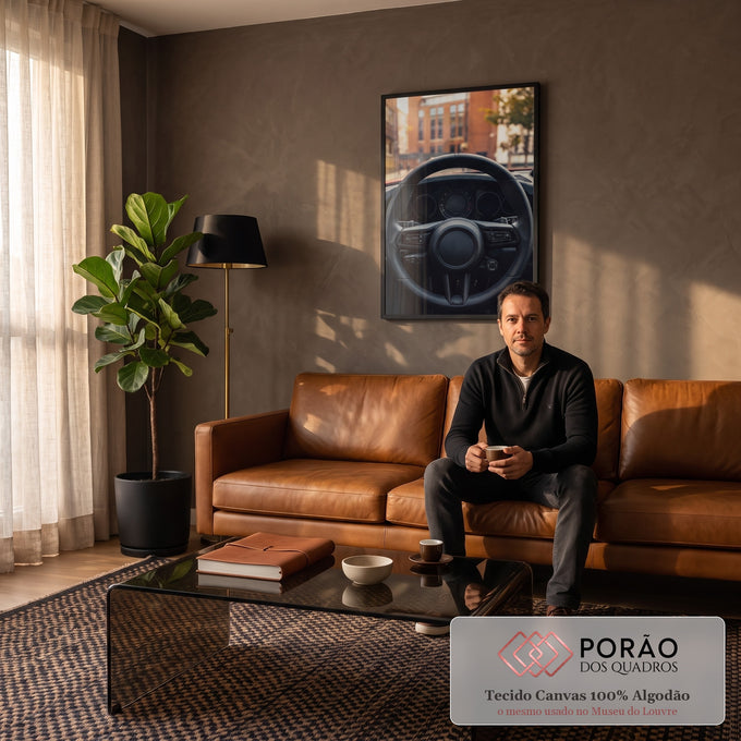 Volante de carro esportivo em couro preto com painel e prédios desfocados ao fundo, quadro decorativo