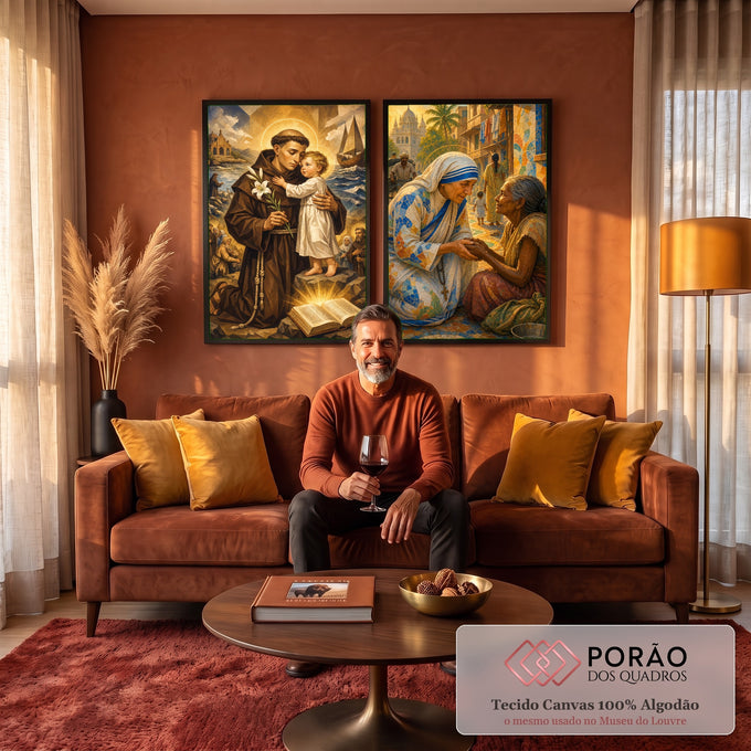 Quadro Decorativo Kit 2 Telas Santo Antônio para Sala Azul | quadros decorativos para sala de estar | Santo Antônio com o Menino Jesus e Madre Teresa amparando uma idosa em rua colorida | em ambiente 3 | Porao dos Quadros