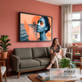 Retrato de mulher negra em azul com sol laranja pintado no olho e veleiro no mar, quadro decorativo