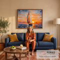 Quadro Decorativo Grande Veleiro Mar para Sala Laranja | quadros decorativos para sala de estar | veleiro colorido navegando ao pôr do sol em pinceladas impressionistas densas | em ambiente 3 | Porao dos Quadros