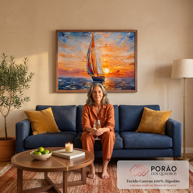 Quadro Decorativo Grande Veleiro Mar para Sala Laranja | quadros decorativos para sala de estar | veleiro colorido navegando ao pôr do sol em pinceladas impressionistas densas | em ambiente 3 | Porao dos Quadros